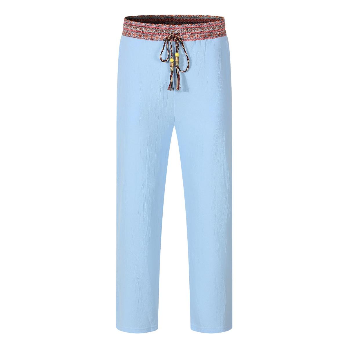 

Льняные брюки Ретро посадка на талии Свободные и дышащие Мужские повседневные брюки S небесно-голубой