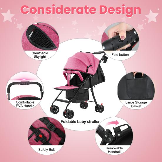 Reise-Kinderwagen, Einhand-Faltbarer Säuglings-Buggy mit Verstellbarer Rückenlehne, Verdeck, Ablagekorb für 0-2 Jahre Kleinkinder bis zu 10 kg