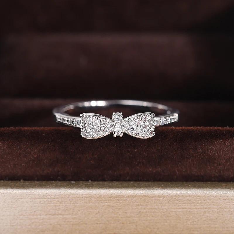 New Exquisite White Zirconia Bow Ring Sweet and Simple Party Birthday Gift 925 Stamp Fashion Jewelry Wedding Ring