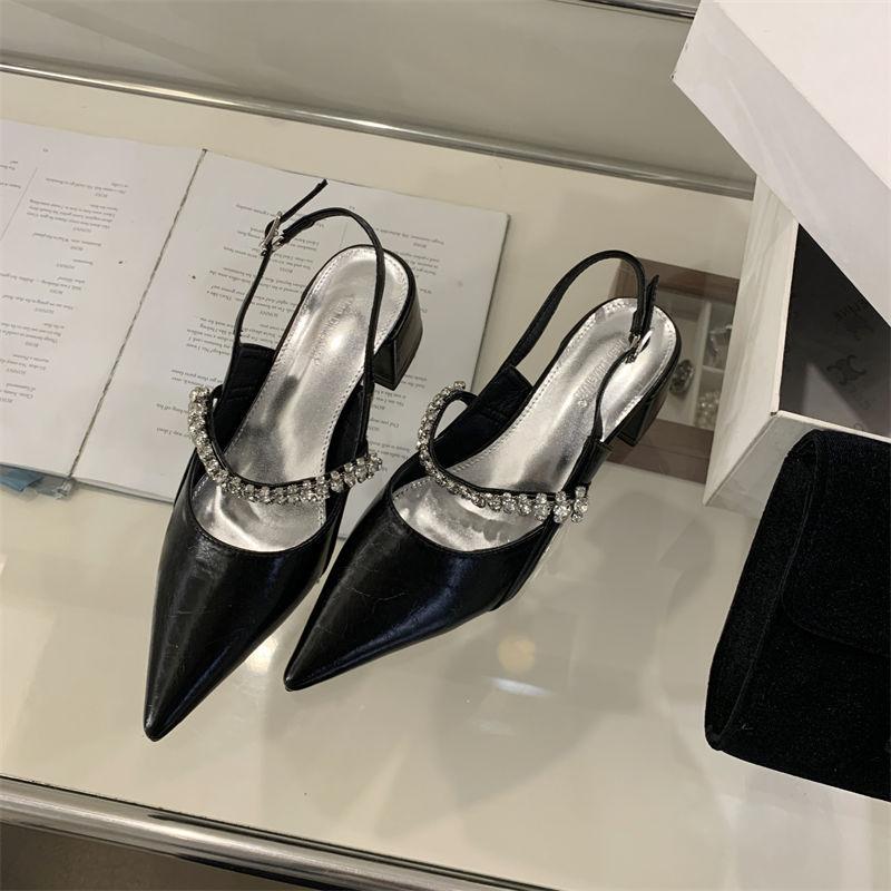 Silver bag head thick heel sandals fairy style 2025 summer vintage Mary Jane shoes rhinestone pointed high heel shoes