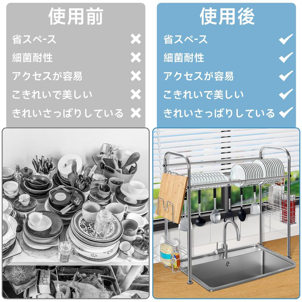 Rxakudedo Dish Drainer Kitchen Storage Dish Drying Dish Drainer Rack Stainless Steel Over-the-sink (Width 62cm)