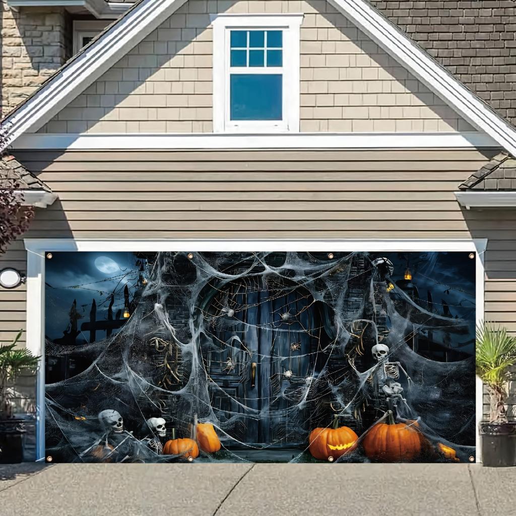 1 Halloween garage polyester banner - ghost spider web door with skull and pumpkin design perfect for holiday decoration