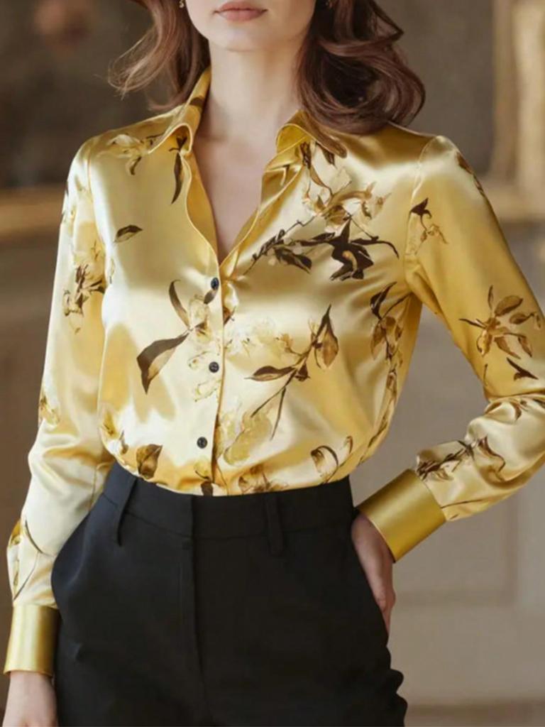 Floral Print Button Down Long Sleeve Shirt, Suitable For Dates, Holidays, Everyday, Birthday Parties, Singles Parties, Travel, Spring/Autumn Vacation