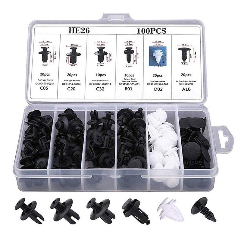 100Pcs Mixed Auto Fastener Clip Car Body Push Retainer Pin Rivet Bumper Door Trim Panel Retainer Fastener Kit Car Accessories