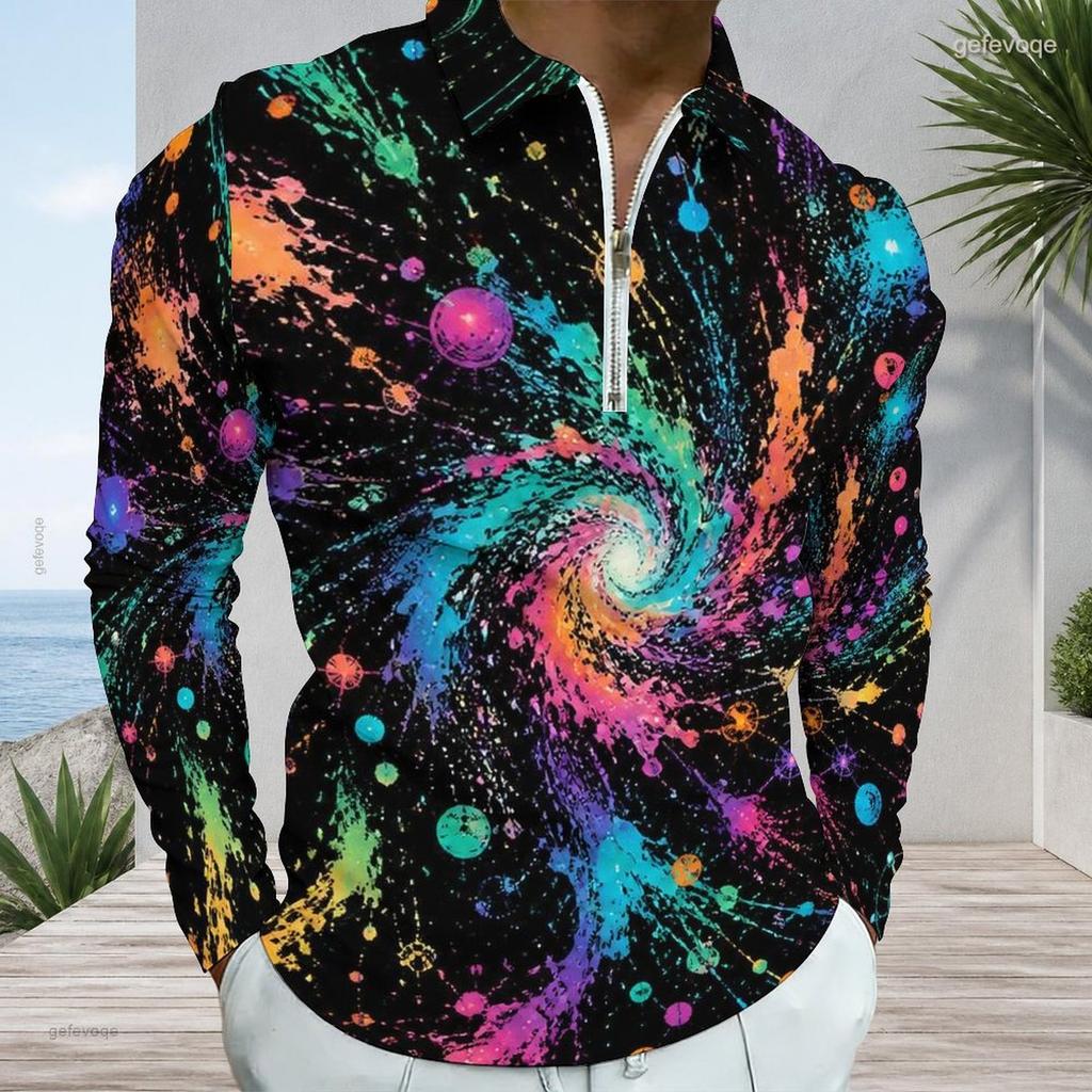 Men Plus Size Long Sleeve Quarter Zip Collared Printed Polo Shirt Grey Peach