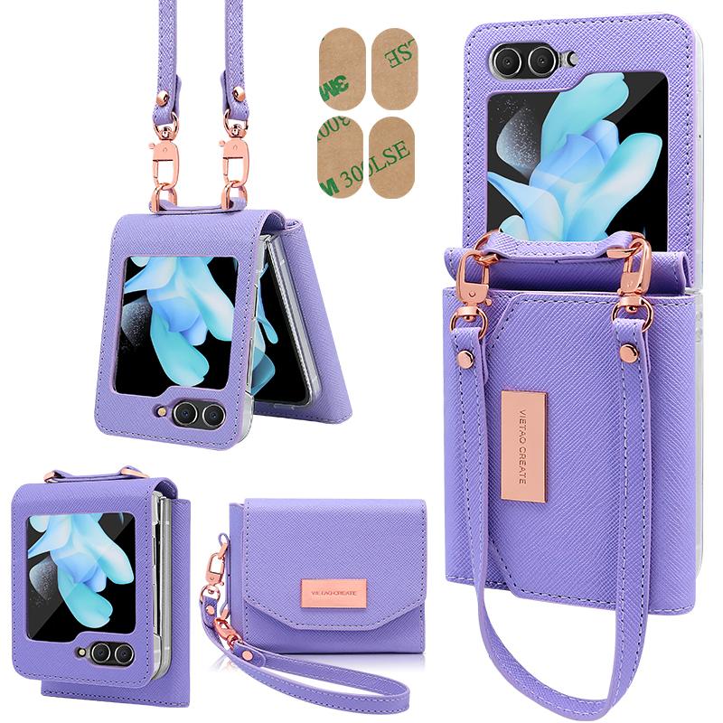 Vietao-Z Flip 7 Wallet Phone Case With Wristband Strap, Fashion Girls Leather Purse Phone Cover For Samsung Z Flip 6 5 4 3, Pink