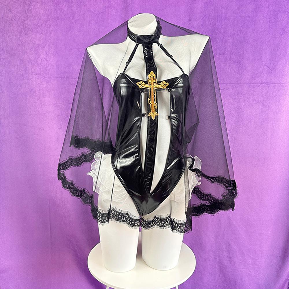Sex Wedding Dresses Black Patent Leather Bodysuit Lace up Nun Sister Uniform Anime Cosplay Set Sexy Girl with Veil Sexy Lingerie