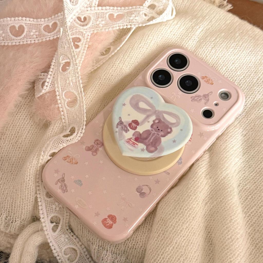 Cute Pink Bear Heart-Shaped Magnetic Stand and Bear Phone Case for iPhone 16, iPhone 17, and iPhone 17 Pro Max