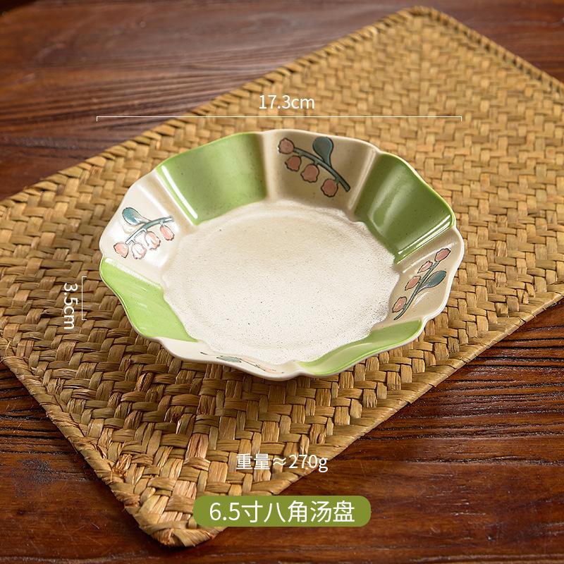 Retro Lily Of The Valley Tableware High Value Octagonal Plate Flat Plate Underglaze Ceramic Bowl Irregular Household Plate Rice Bowl