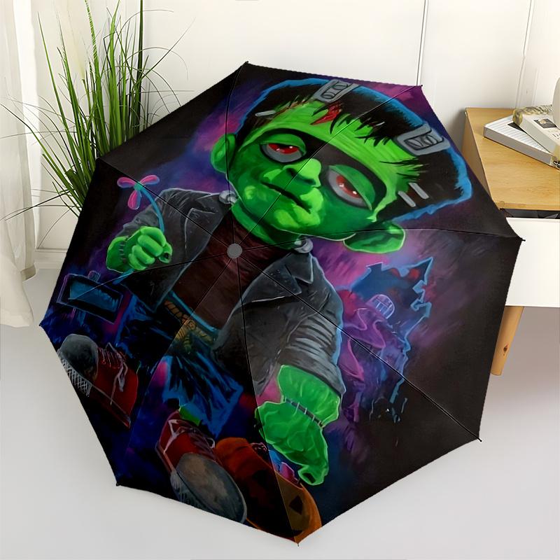 

1pc Frankenstein s Monster Halloween Automatic Opening Umbrella, Portable Three-Fold Design, 8-Bone Iron Frame Outdoor Umbrella, Festival Gift fo