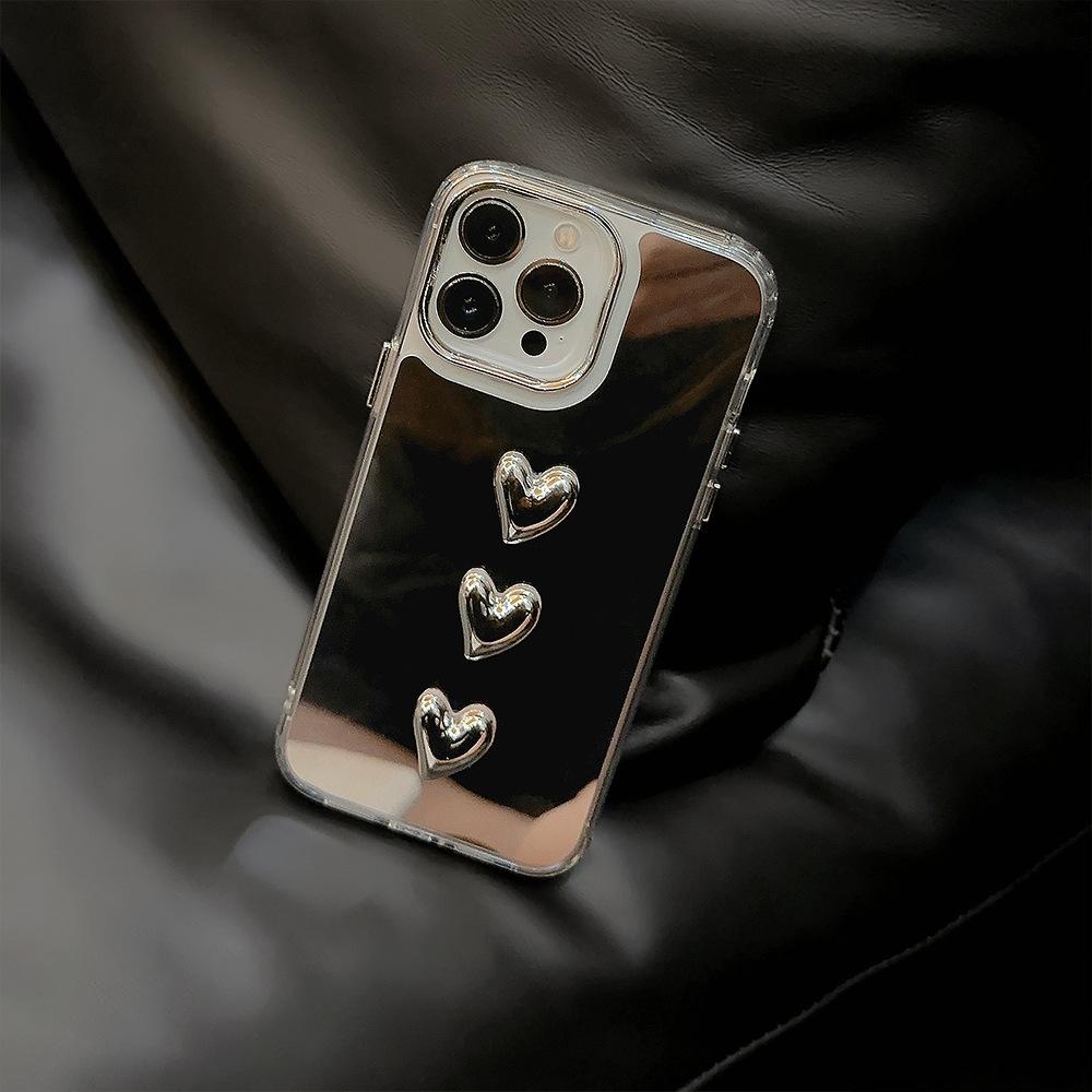 Metallic 3D Heart 17 Case for iPhone 11, 15 Pro Max, 16, 14 - Light Luxury Style, Mirror Finish, Trendy