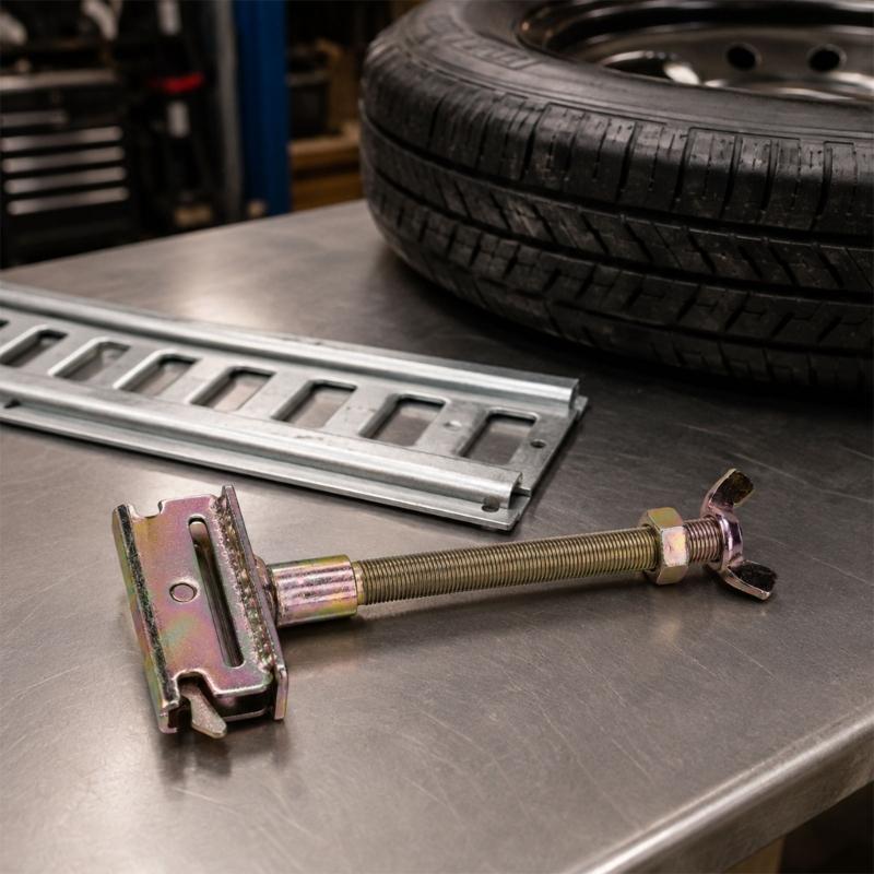 Metal Spare Tire Holder with E-Track Fitting Base and Threaded Rod for Trucks and Enclosed Trailer Vehicle Cargo Areas