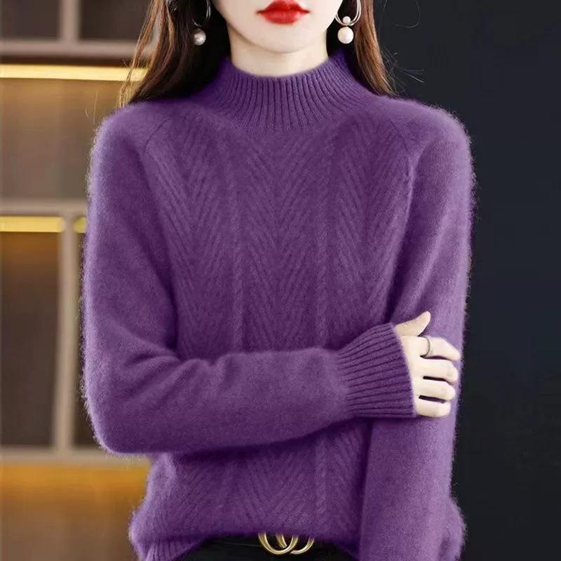 Sweater Women's Autumn and Winter Casual Long-sleeved Half Turtleneck Knitted Sweater Loose Solid-color Pullover