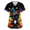 Women's V-neck Halloween Printed Short-sleeved Pocket Side-slit Protective Suit Top