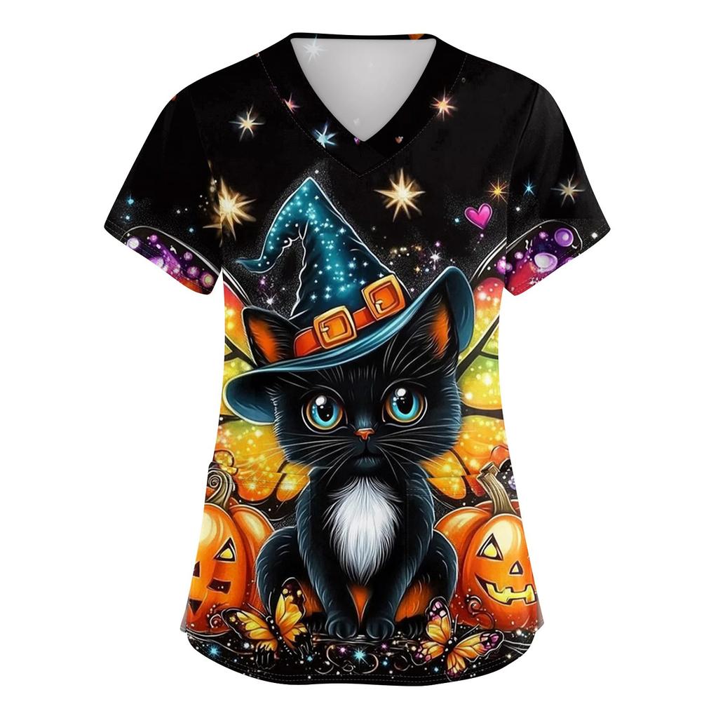 Women's V-neck Halloween Printed Short-sleeved Pocket Side-slit Protective Suit Top