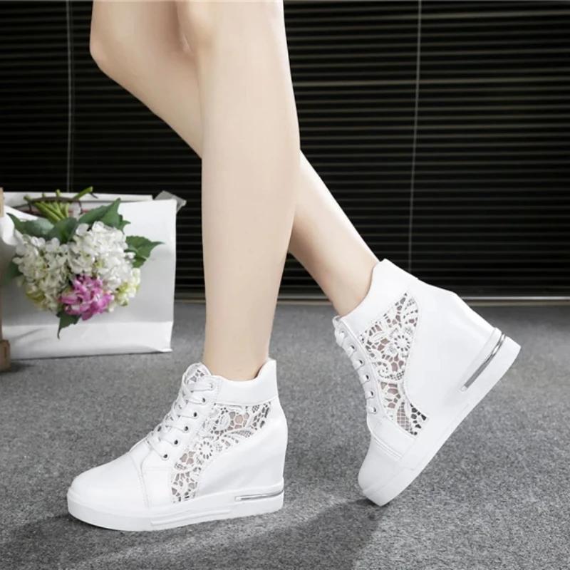 Women's Leather High-heeled Shoes Wedge Platform Sports Shoes Rubber Cloth Shoes Height Silver