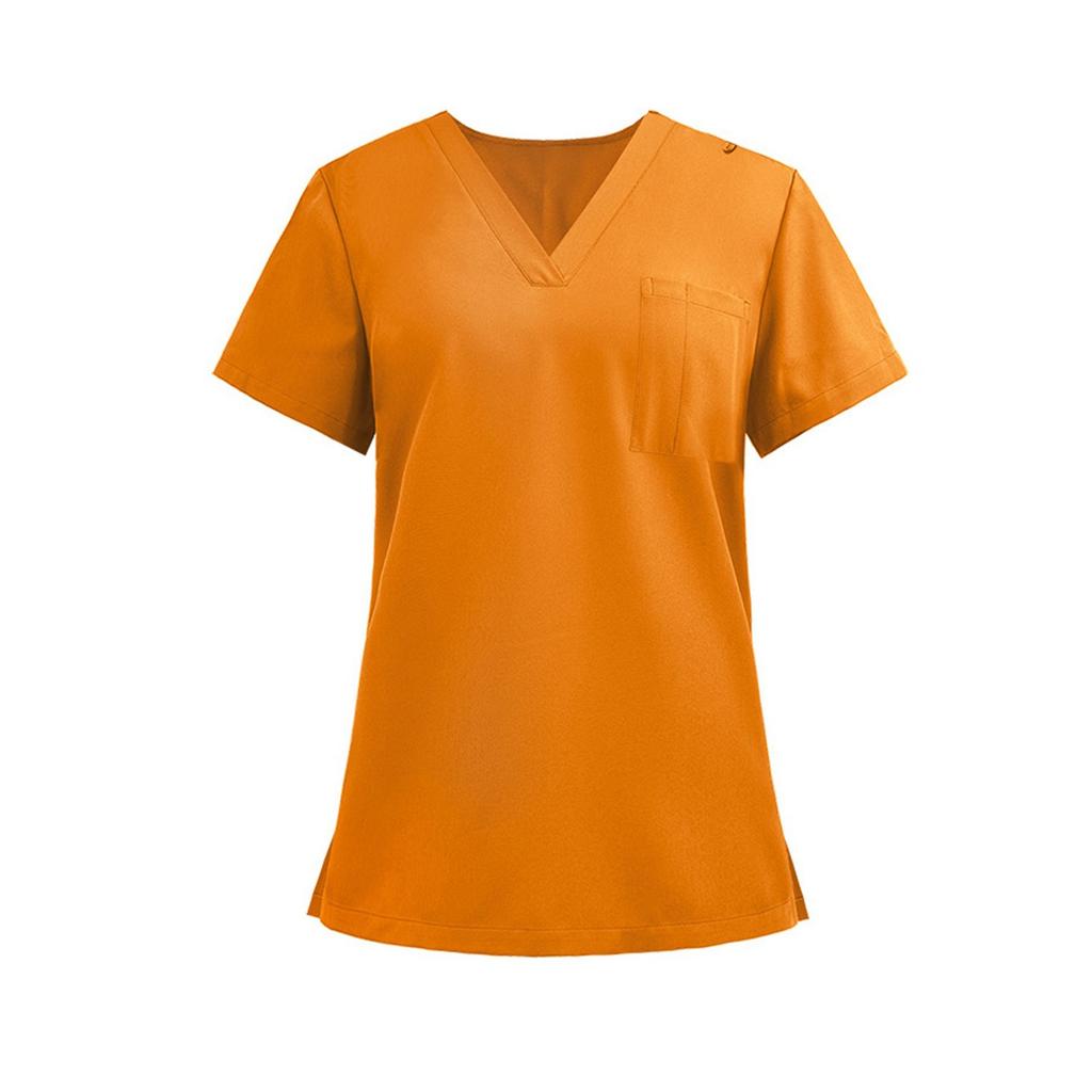 Ladies' Lightweight Solid Color V-neck Pocket Side Slit Short Sleeved Shirt