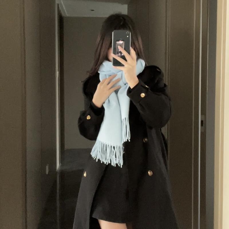 Blue Scarf for Girls with A Sense of Atmosphere in Winter Versatile Solid Color Long Imitation Cashmere Tassel Shawl and Scarf