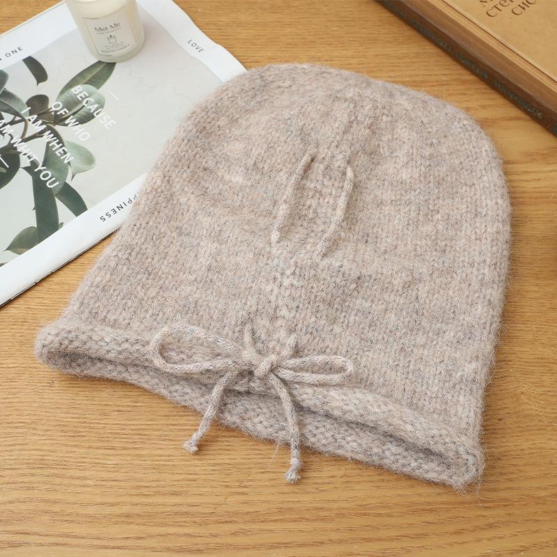 Sweet and Cute Bow Embroidered Drawstring Cold Hat Autumn and Winter Fashion Versatile Pullover Hat Windproof and Warm Wool Hat Korean