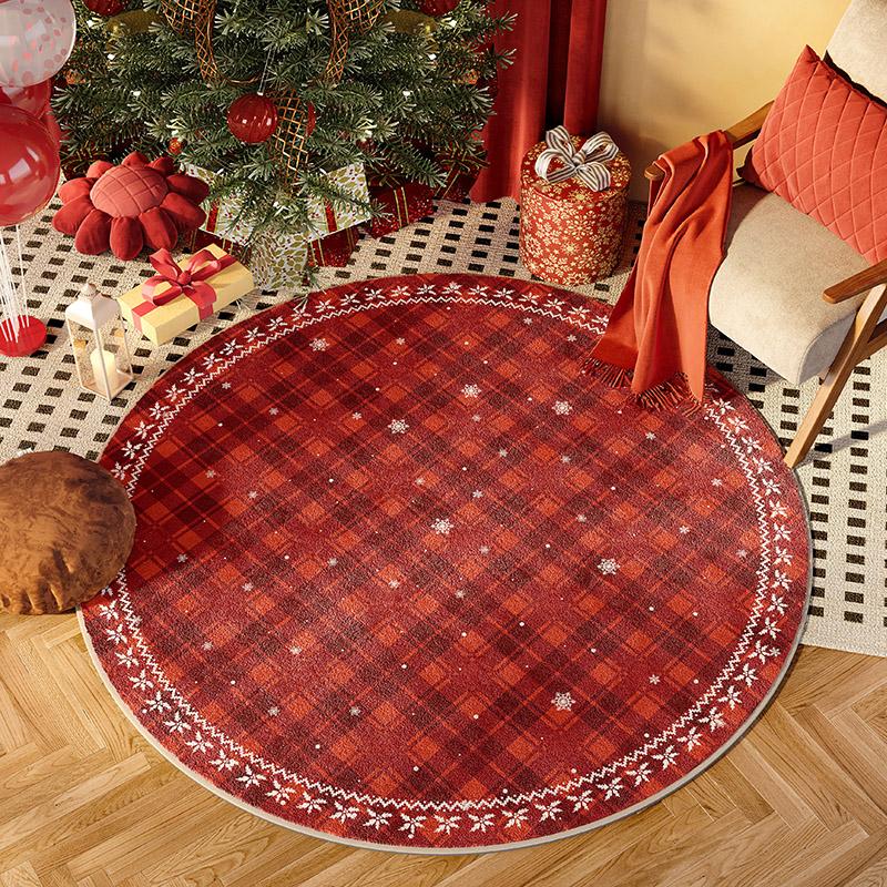 Christmas Circular Carpet For Living Room, Red Color Scheme, Festive Christmas Tree, Cheerful Home Decoration