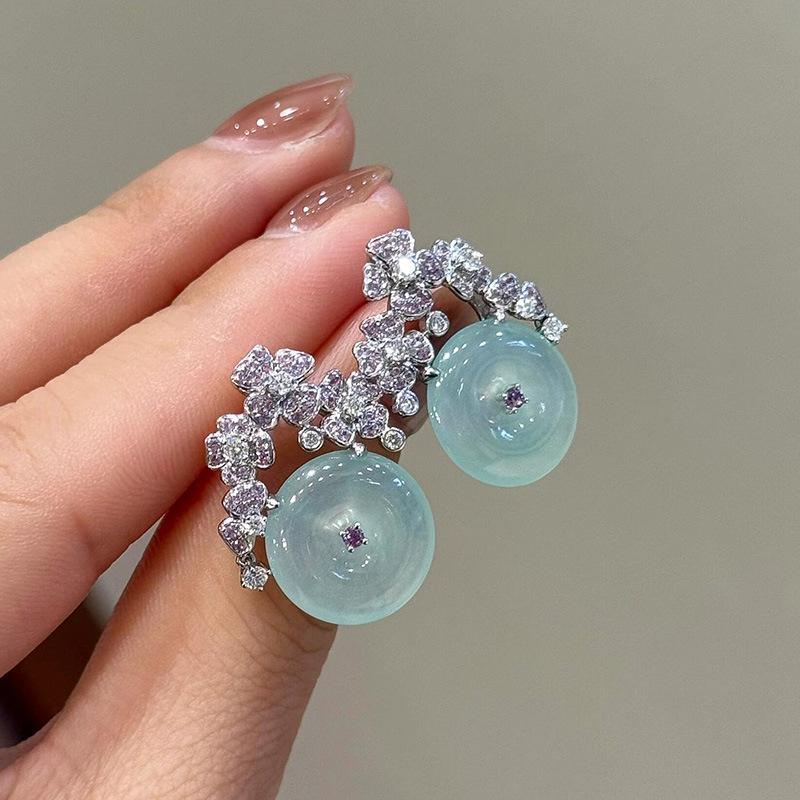 silver inlaid full diamond flowers natural ice chalcedony round green earrings for women high-end fashion party  gift