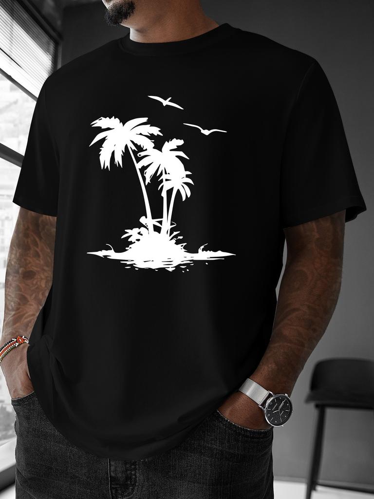 Unisex Summer Cotton Short Sleeve T Shirt White Palm Tree Island Seagull Print Crew Neck Tropical Beach Casual Street Male Tee