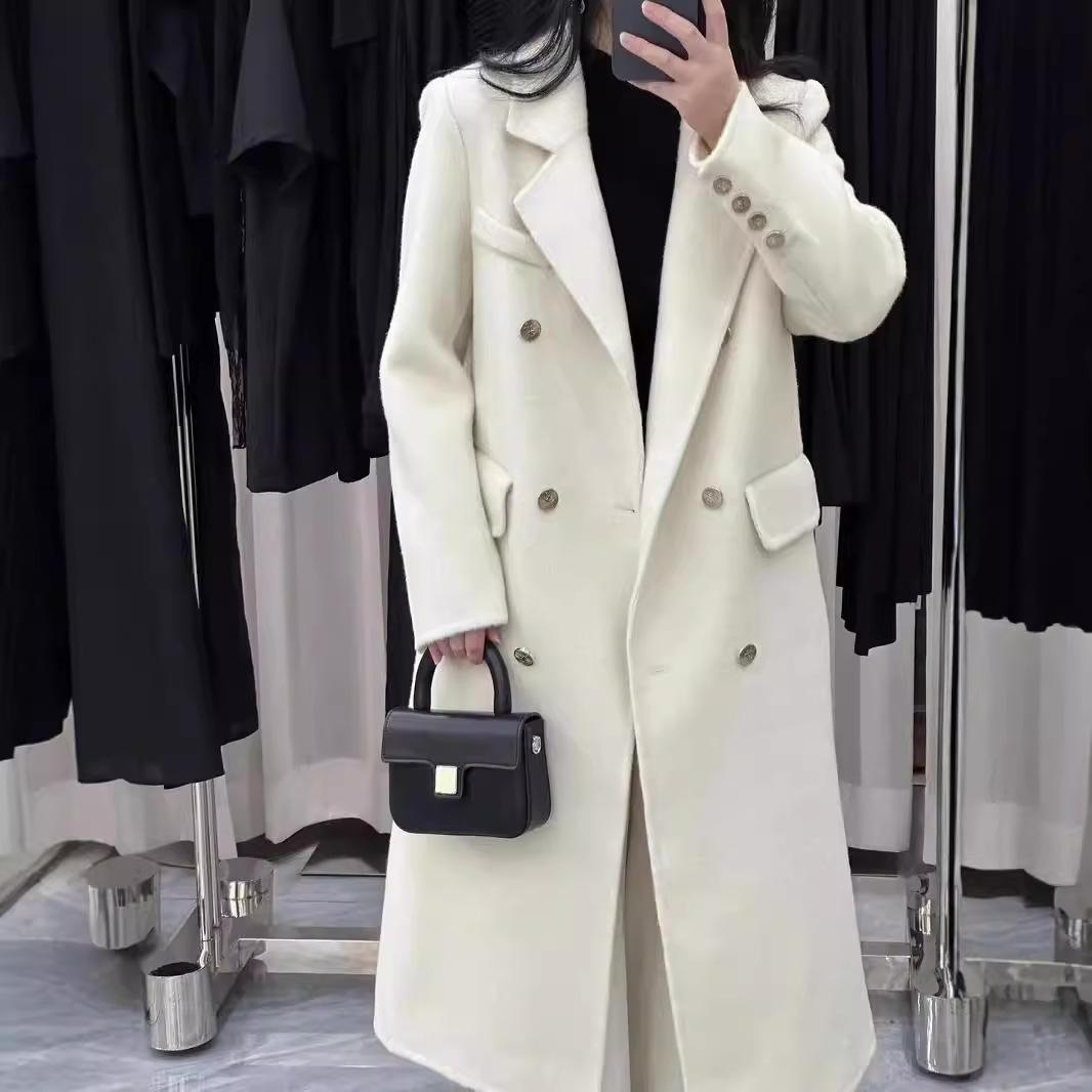 

Новое двухстороннее шерстяное пальто для женщин, длинное тонкое шерстяное пальто в корейском стиле с подкладкой на плечи M белый