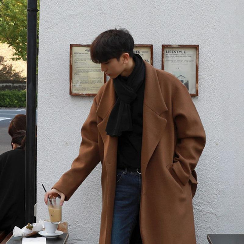 Autumn and Winter Thickened Woolen Coat Men's Mid-length Korean Style Trendy Men's Loose Windbreaker Woolen Coat