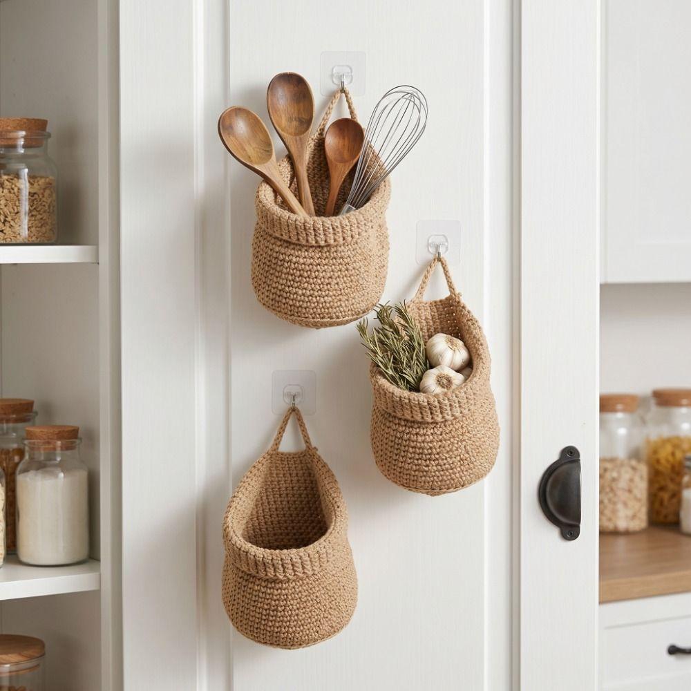 Hand-Woven Wall Hanging Basket Soft Space Saving Garlic Ginger Storage Basket Decorative Egg Fruit Storage Container Living Room