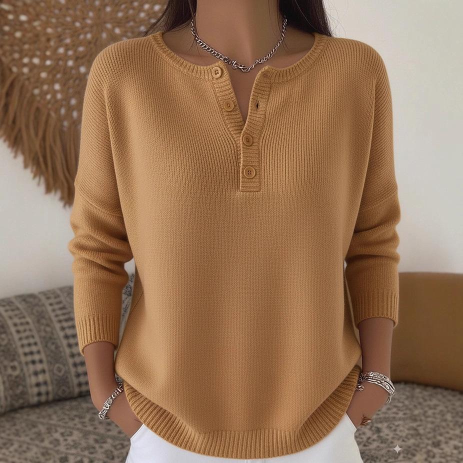 Women's Button Detail V-Neck Long Sleeve Knit Sweater Loose Fit Casual Pullover