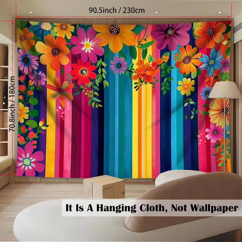 2D Multicolor Flower Tapestry with Rainbow Stripes for Modern Living Room Decor