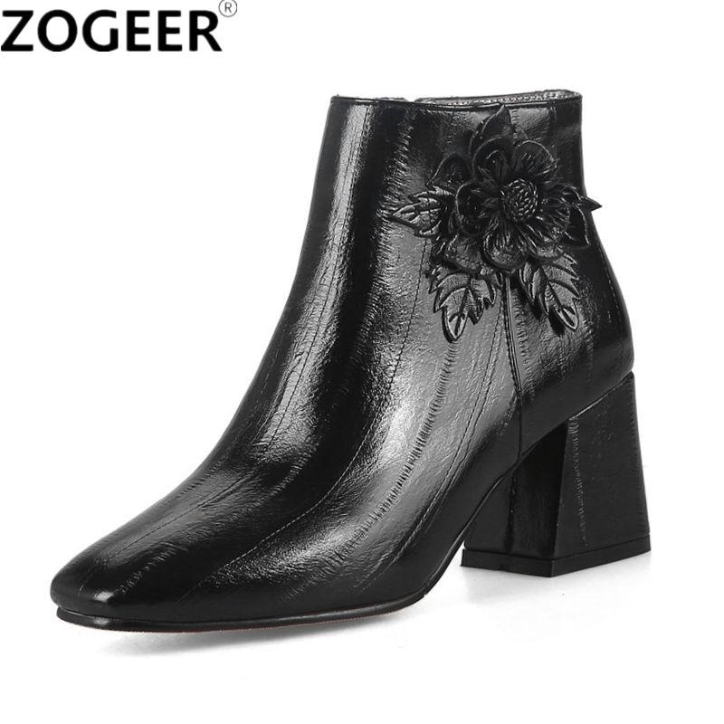 Autumn Winter Women's Ankle Boots Square Toe Winter Shoes Sweet Flower Black Red Handmade Short Boot Ladies Shoes Large Size 45