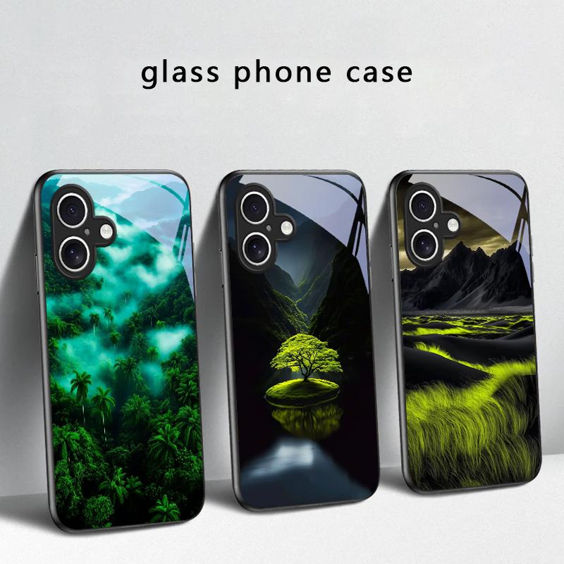 Forest Stream Pattern For iPhone 17 Air 16 E 15 Plus 14 Pro Max 13 12 Mini 11 5 6 7 8 Plus XR XS Max SE Black Glass Phone Case