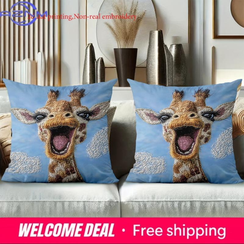 Shunika Chen Unisex Blue 2D Flat Printing Cute Giraffe Pattern Cushion Pillow Decor Polyester Pillowcase Sofa Decorative Cushion Cover