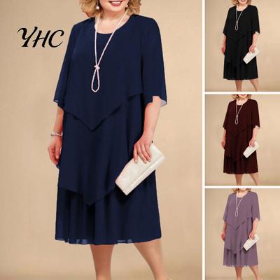 Lagen-Saum Fließendes Kleid Damen Frühling Sommer Midi O-Ausschnitt Halbsleeve Party Hochzeitsgast Elegant Chiffon