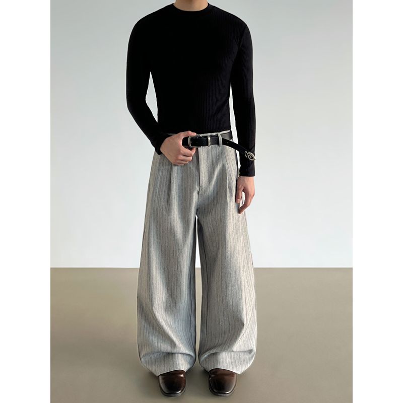 Blaexit Old Money Style Cleanfit Gray Striped Trousers Unisex Casual Drape Loose A-Line Wide-Leg Pants