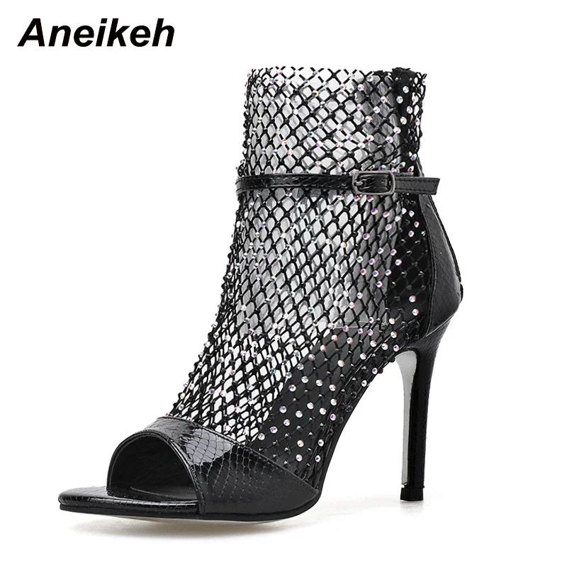 Fashion Aneikeh Fashion Spring Gold Glitter Rhinestone Mesh Ankle Sandals Boots High Heels Sexy Booties Peep-toe Pumps Lady Party Shoes