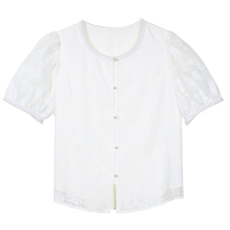 BETU Women s Puff Sleeve Jacquard Pearl Lace Short Sleeve Top XS