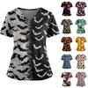 Women's V Neck Short Sleeve Medical Scrub Top with Double Pockets Side Slit Hem Halloween Print Nurse Uniform Shirt
