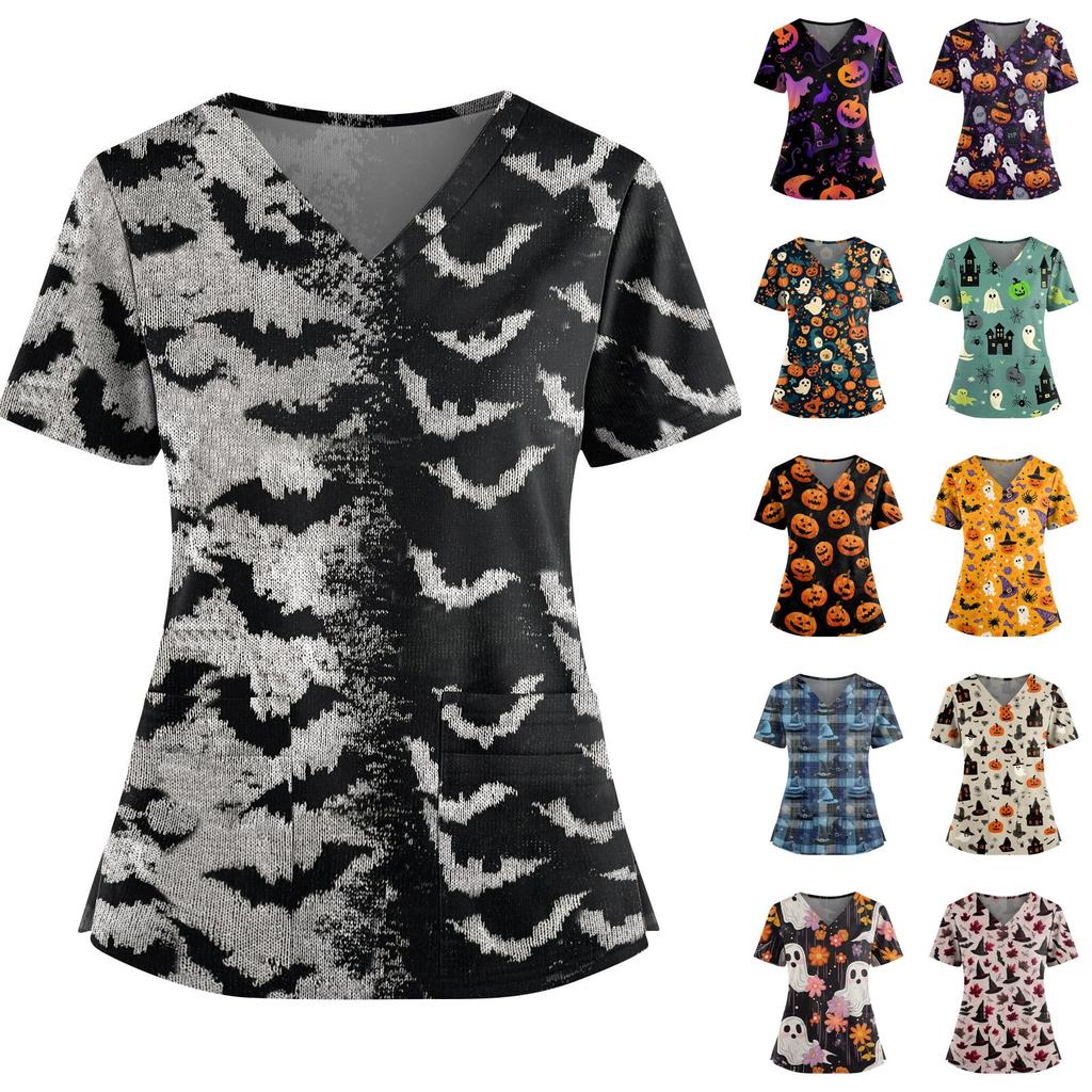 Women's V Neck Short Sleeve Medical Scrub Top with Double Pockets Side Slit Hem Halloween Print Nurse Uniform Shirt