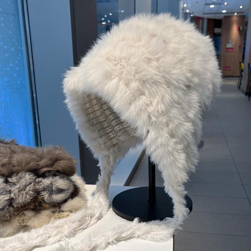 Rabbit fur knitted plush hat women's autumn and winter big head circumference showing face small wool ear protection hat cold protection plush hat