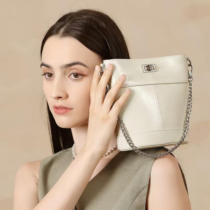 Minimalist Genuine Cow Leather Bucket Bag for Women Luxury Designer Shoulder Handbag Ladies Crossbody Bag