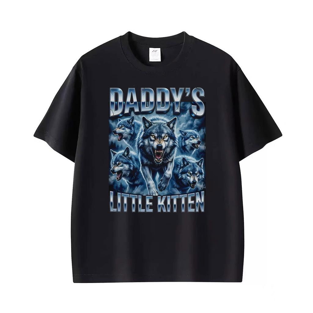 Daddys Kleines Kätzchen Wolf Lustiges Gotisches Meme Grafik T-Shirt Unisex Vintage Übergroße T-Shirts Unisex Lässige Oberteile T-Shirt Streetwear