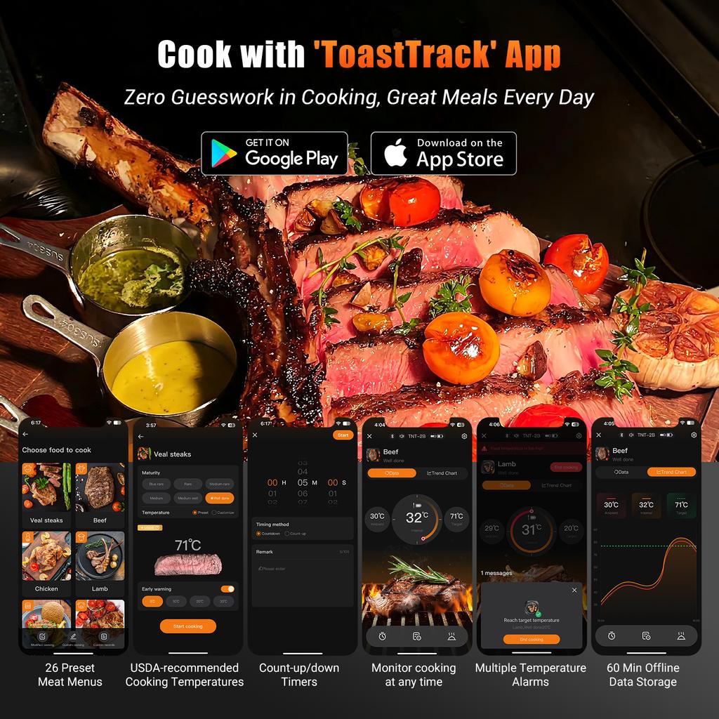 Wireless Meat Thermometer 2.4G WiFi and Bluetooth 5.4 Household BBQ Thermometer with Long and Short Probes for Cooking,Grilling