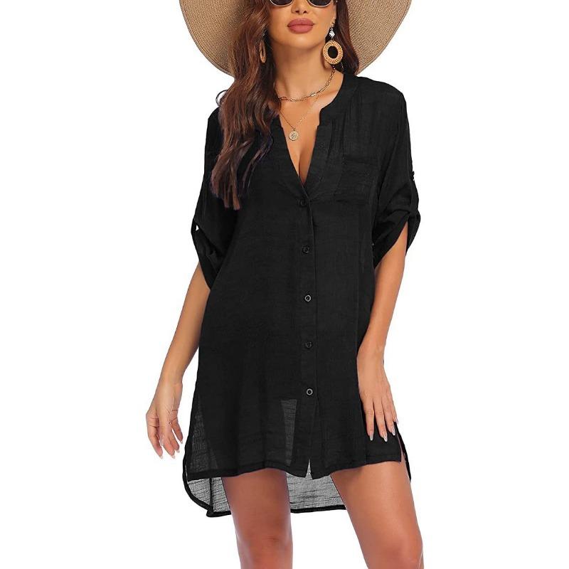 Sommer Damen Übergröße Strickjacke Hemd Bluse Kleid Mini Kurzes Kleid Sonnenschutz Strandhemd