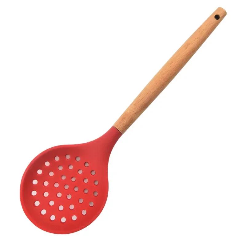 Kochen Silikon Sieb Lebensmittel Antihaft Hitzebeständig Holzgriff Abtropfsieb Löffel Schaumlöffel Sieb Kochen Küchenwerkzeuge
