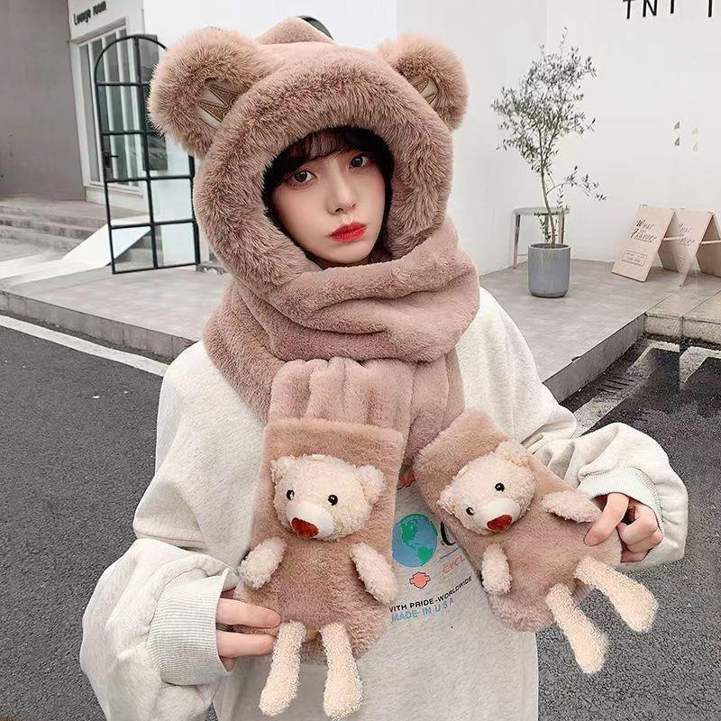Bear hat, scarf, and gloves, fleece-lined and thickened, three-piece set, women's plush hat, women's winter warm plush hat