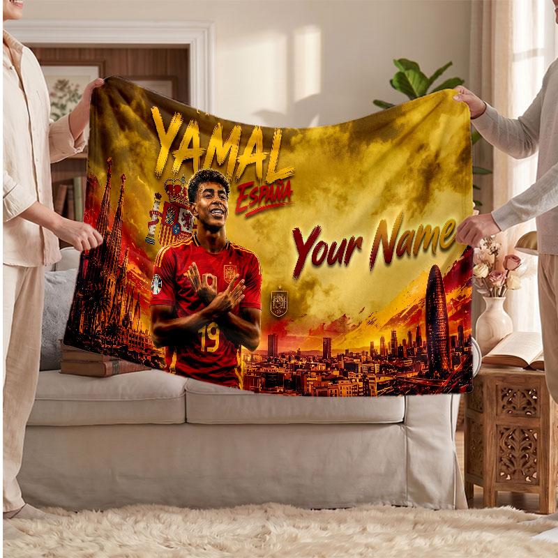 Coperta in pile personalizzata Lamine Yamal con logo del calcio, testo con nome personalizzato, morbida, calda, coperta da divano per la casa