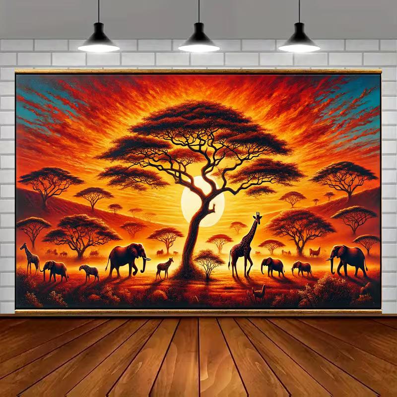 

2D Nature Theme Background Cloth African Savanna Sunset Banner for Decor 47.2x31.5inch/120*80cm