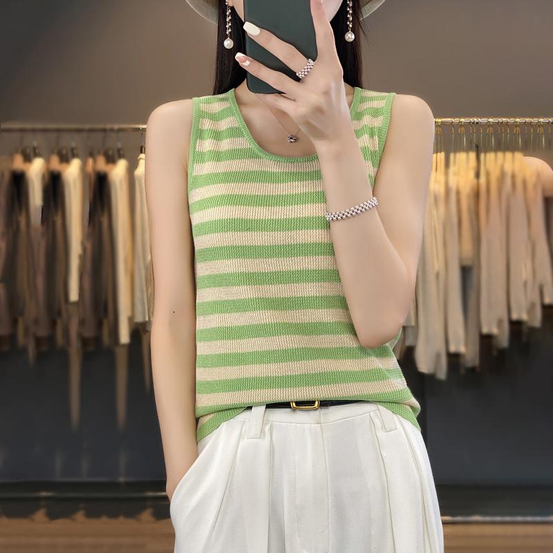 

Женская майка без рукавов MODERN NEW SAGA летняя футболка вязаный топ в полоску базовый жилет женский с круглым вырезом XL зелёный